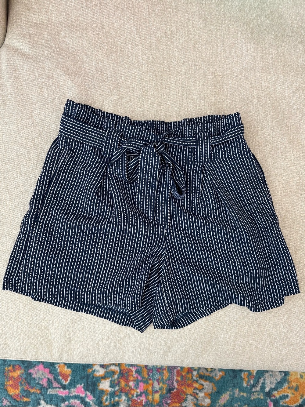 Max Studio Navy and White Striped Paperbag Waist Shorts